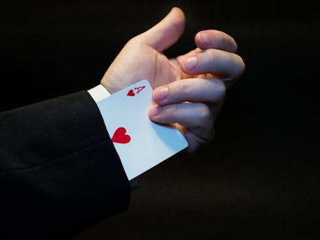 A magician's hand showing an ace of hearts hidden up the sleeve, symbolizing magic and trickery.