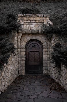 A mysterious wooden door set in a weathered stone wall surrounded by foliage.