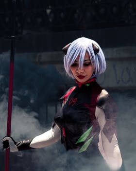 Colorful character in elaborate costume amidst a smoky, atmospheric setting outdoors.