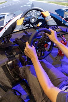 Man immersed in virtual racing game using realistic simulator setup with steering wheel and pedals.