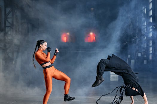 Two cosplayers in martial arts poses amidst smoke, embodying game characters in action.