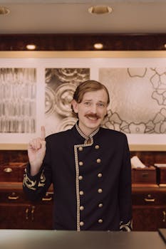 Friendly hotel concierge in uniform smiling and welcoming guests at the reception desk.
