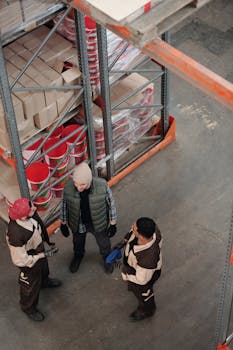 High-angle view of a team discussing logistics in an industrial warehouse setting.