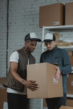 Two diverse colleagues manage a large parcel in a warehouse environment, showcasing teamwork and logistics.